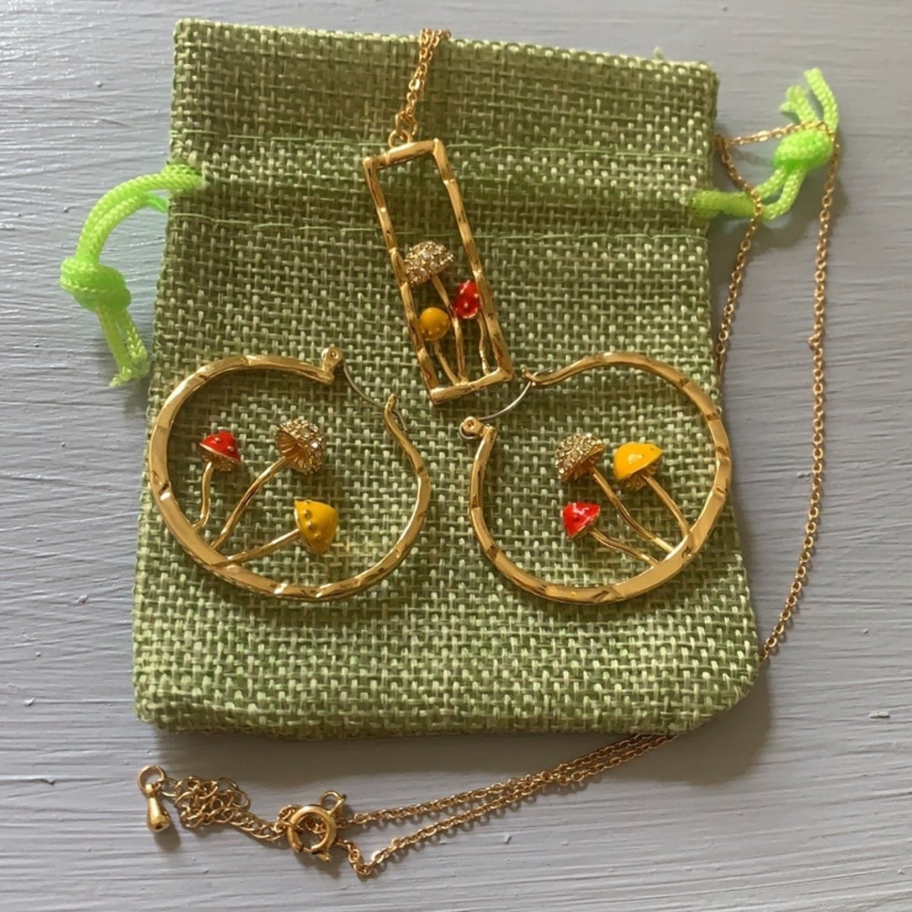 Brand New Gold Mushroom Necklace and Mushroom Hoop Earrings Gift for Girlfriend